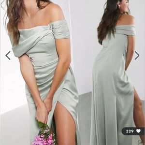 ASOS Bridesmaid Satin Bardot Drape wrap Maxi Dress in Sage Green